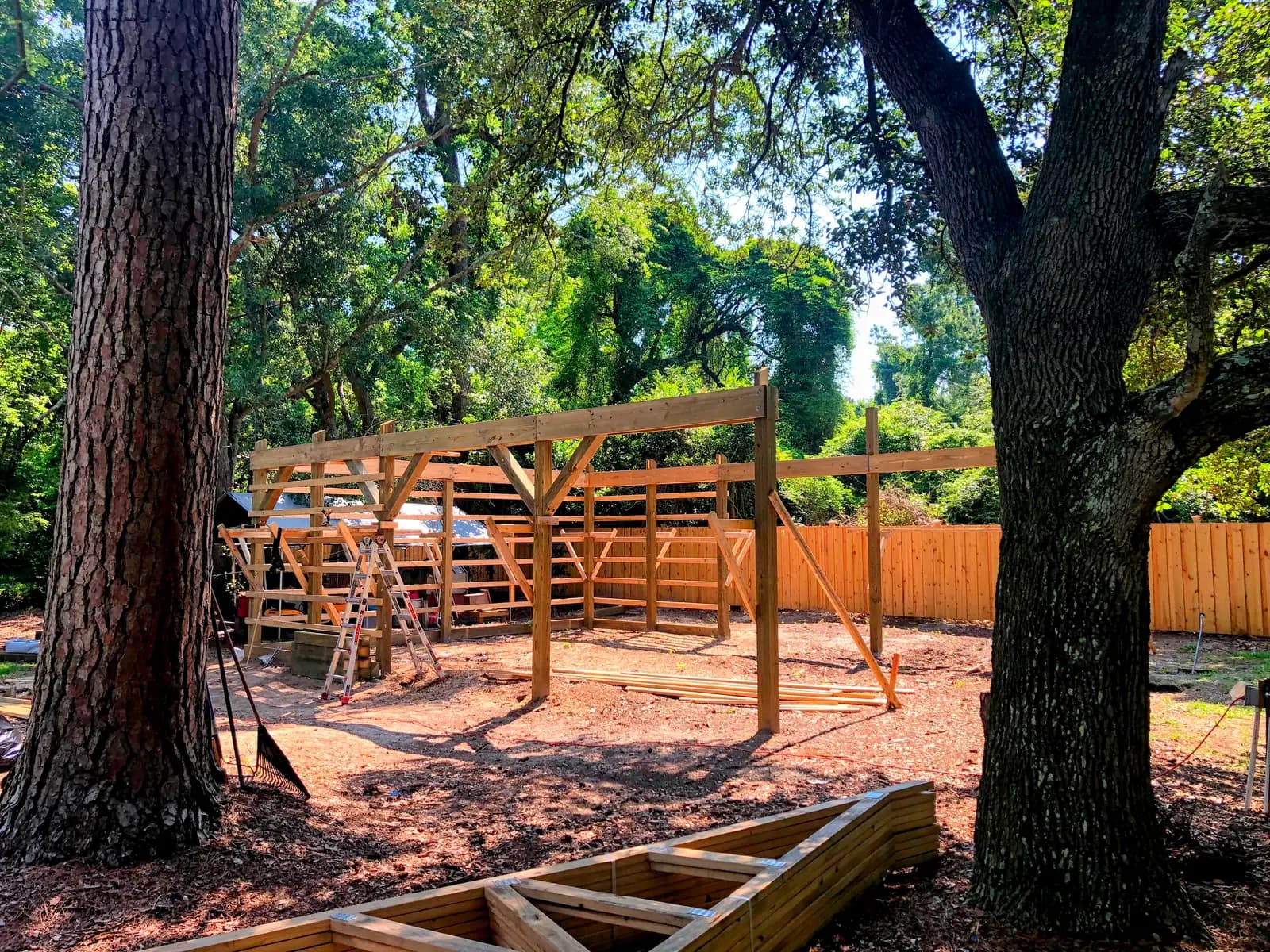 Timber post frame of a backyard workshop going up between a tall pine and a live oak, inside a wooden privacy fence, with roof trusses stacked in the foreground.