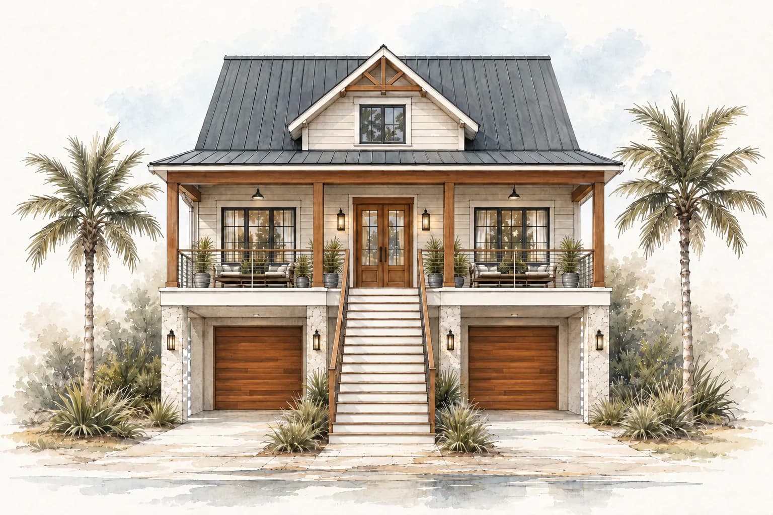 Watercolour rendering of a raised coastal home: a dark standing-seam metal roof with a gabled dormer, lap siding, a deep covered porch with timber posts and cable railing above a stone-clad ground floor with two timber garage doors, reached by a central stair and framed by palms.