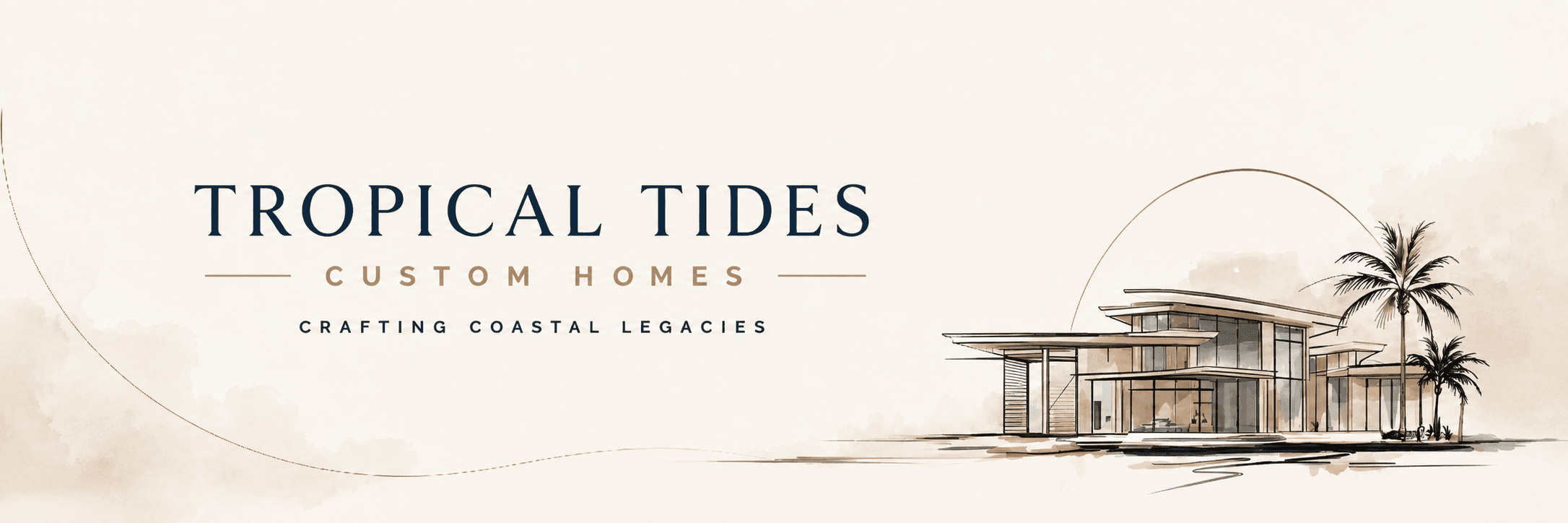 Wide Tropical Tides wordmark and architectural house illustration on a calm editorial background.